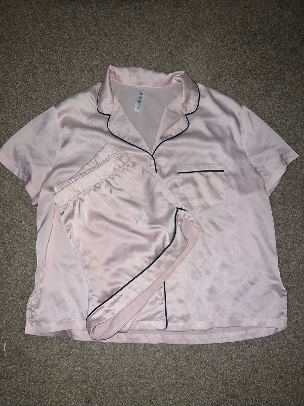 wild fable Light Pink Satin Short-Sleeve Pajama Set with Black Piping
